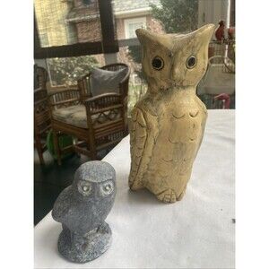 2 Vintage Owl MCM Carvings Crushed Oyster Shell & Resin and Stone Bird Art